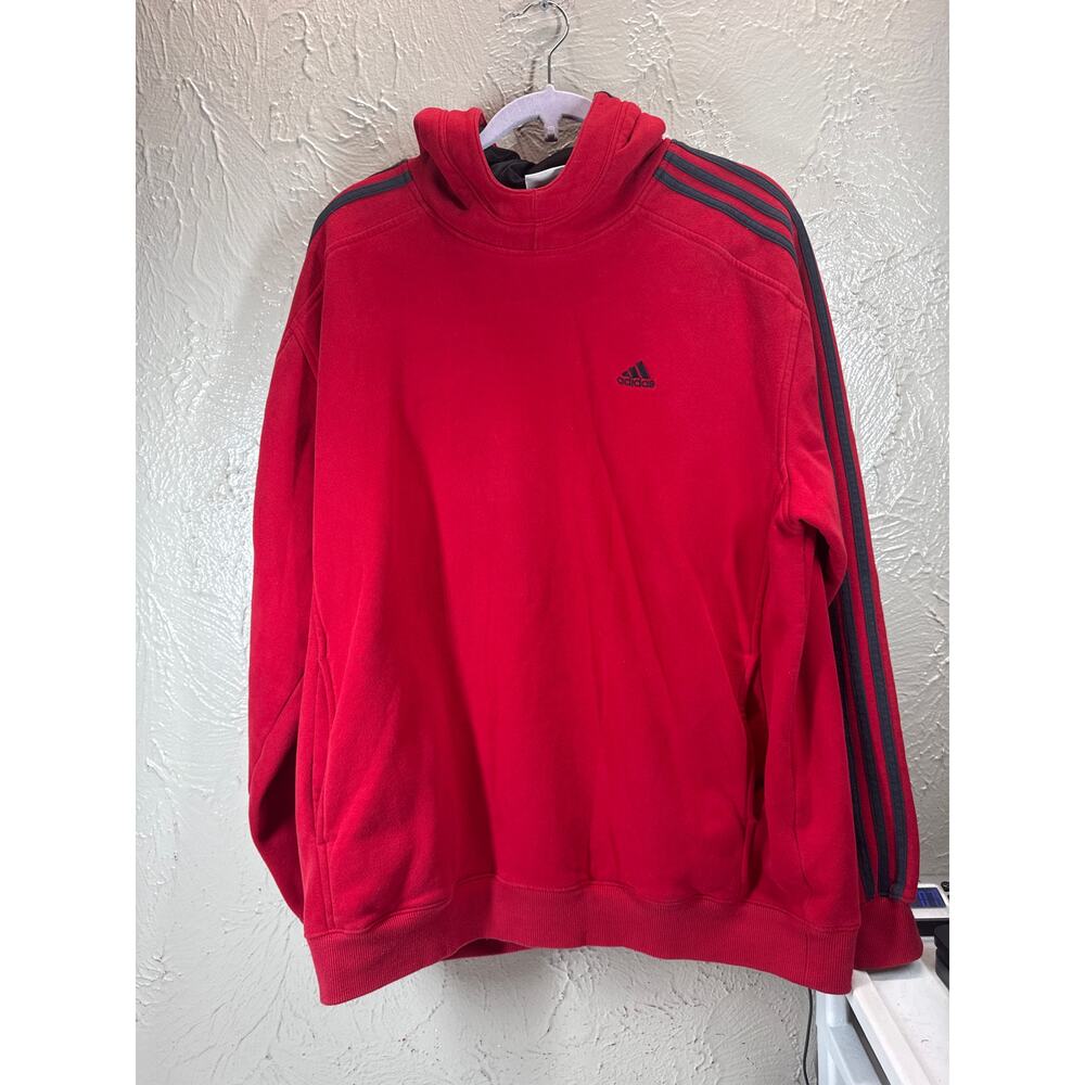 Adidas Hoodie Sweatshirt‎ Mens Red Y2K Vintage Pullover 3 Stripes Size Medium